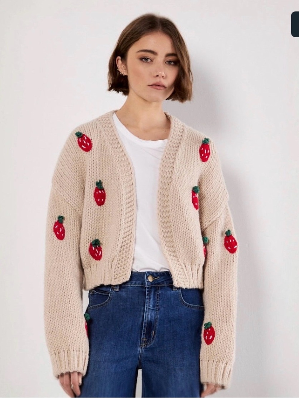 APRICOT Beige Knit Cardigan with Red Strawberry Motifs